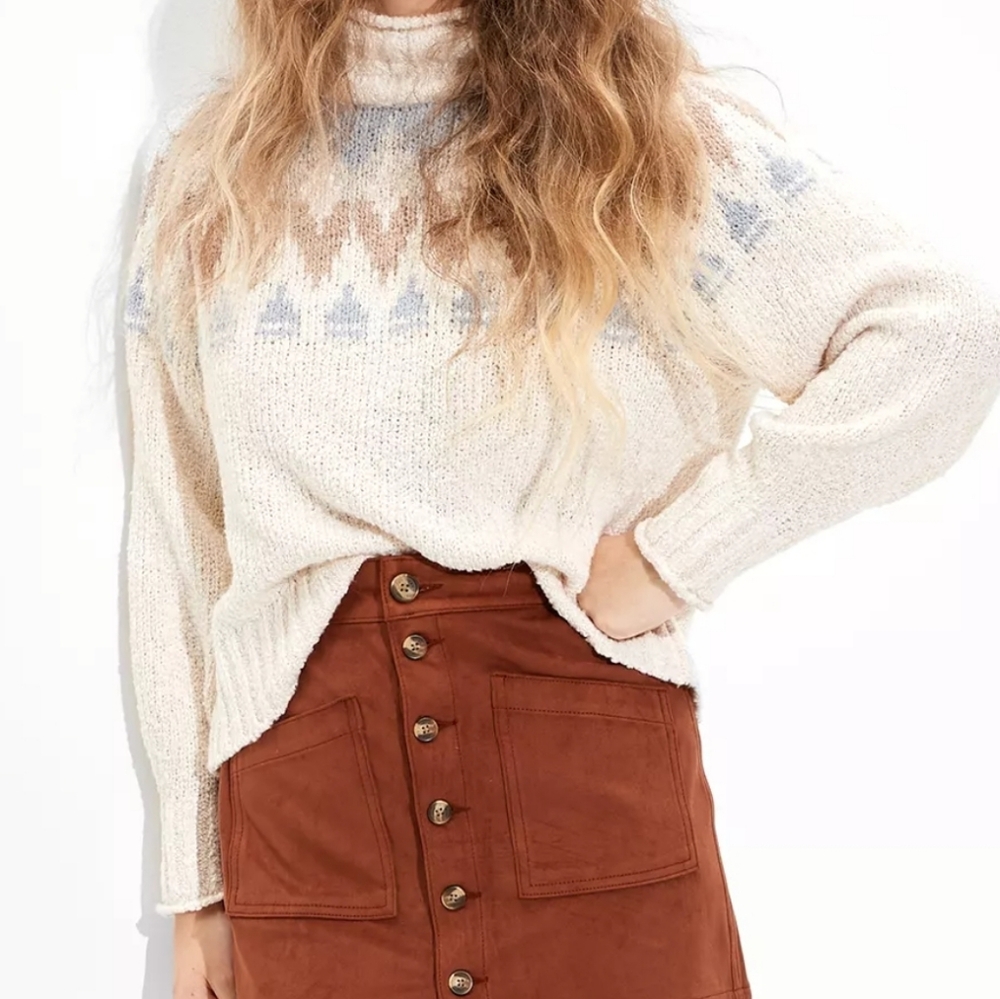 American Eagle Fair Isle Mock Neck Sweater S Preppy Winter Ski Cozy Chic 90s